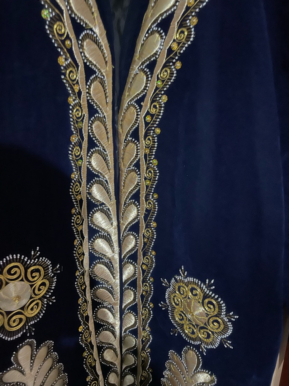 Embroidered Navy Velvet Jacket with Gold Accents Golden Embroidered Suzani Boho